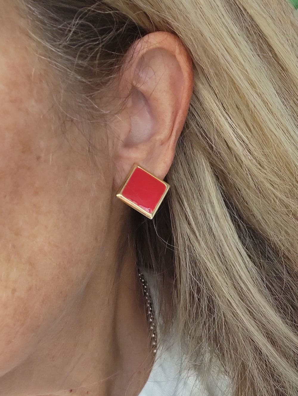 VTG 80s 90s Napier Red Geometric Enamel Screwback Clip On Earrings